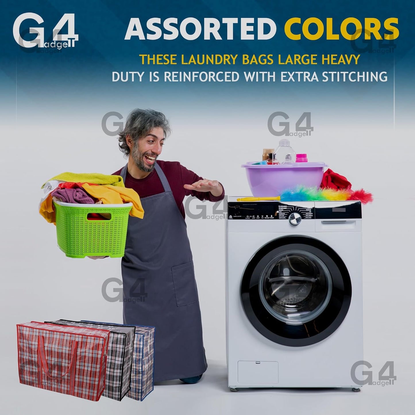 3-Pack Large Heavy Duty Laundry Bags with Zips & Handles