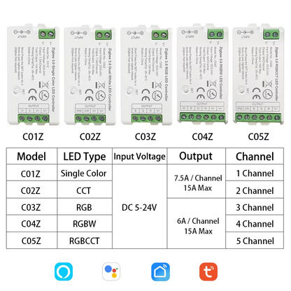 Zigbee 3.0 LED Controller DC5V-24V 2.4GHz Single Color CCT RGB RGBW RGBCCT LED Strip Hue Bridg Tuya Gateway Smart Voice Control